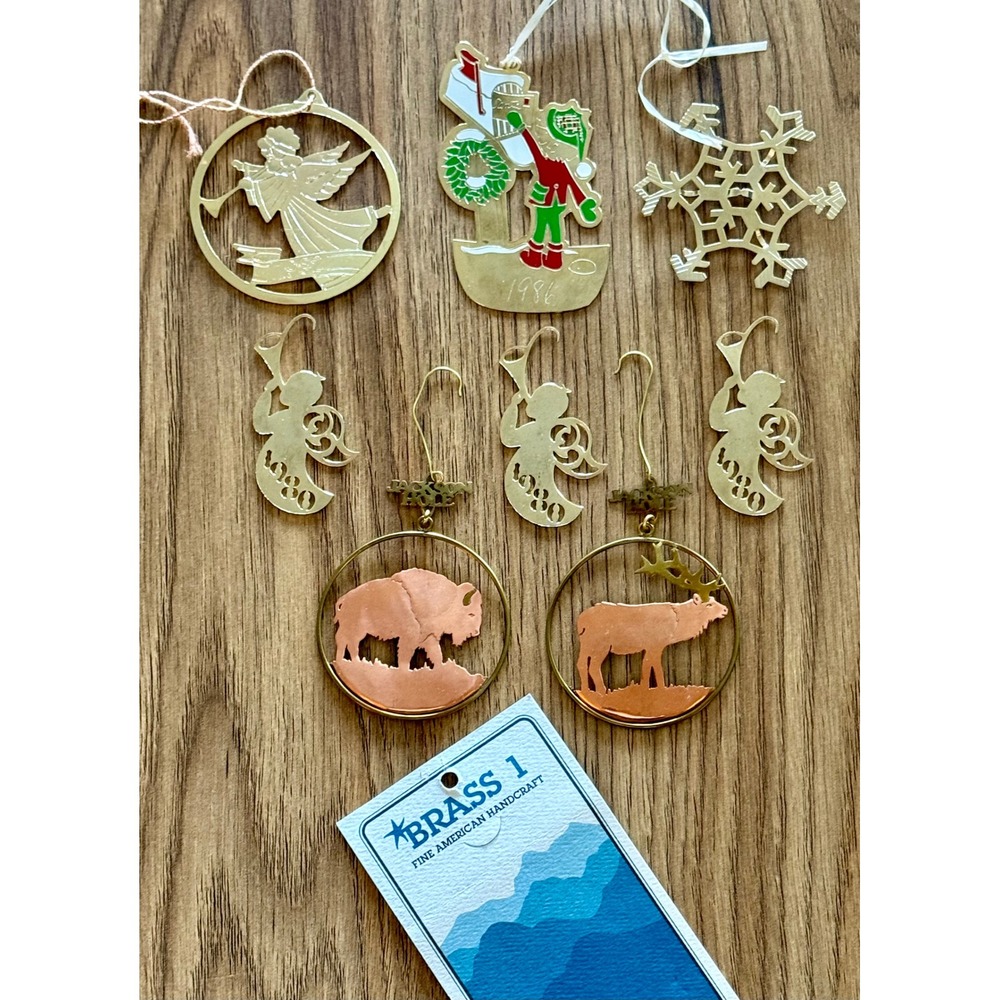 Vintage Lot 8 Brass Metal Christmas Ornaments 1979-1986 Angels Santa Wildlife